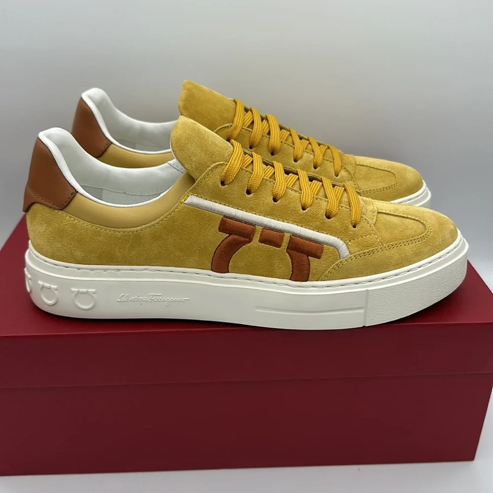 Salvatore Ferragamo Borg 12 Mustard Yellow Suede Sneakers Men’s Size 7.5 NIB - Picture 4 of 7